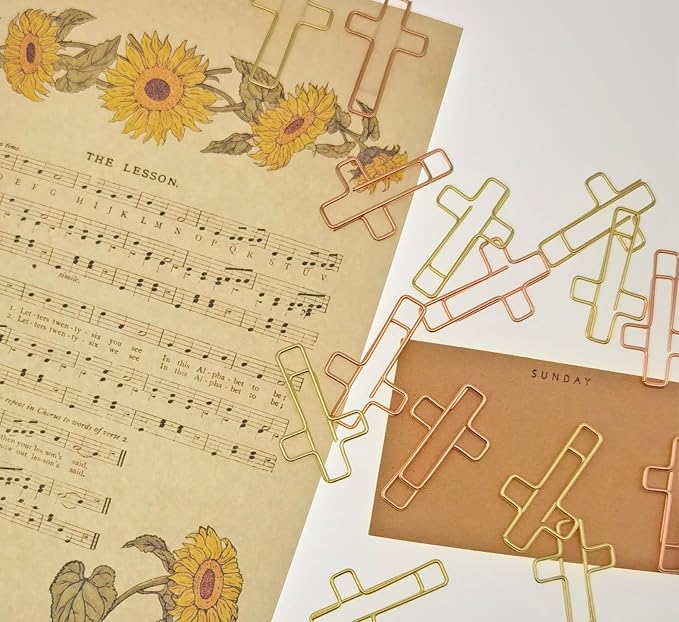 Cross Paper Clips with Ribbons Set. 30 Gold Paper Clips 10 Bible Religious Ribbons, Christian Gifts for Women Easter Eggs fillers