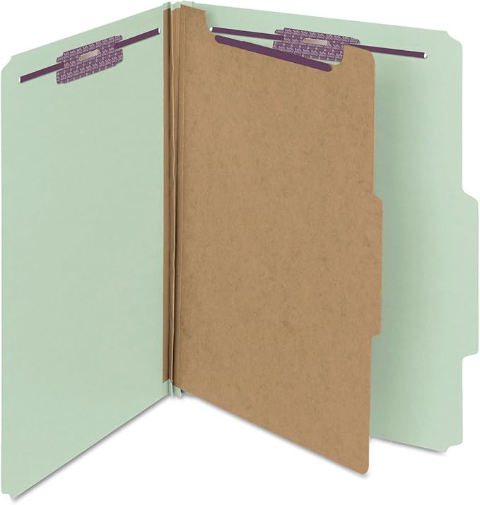 Smead Pressboard Classification File Folder with SafeSHIELD Fasteners, 1 Divider, 2" Expansion, Letter Size, Gray/Green, 10 per Box (13776)
