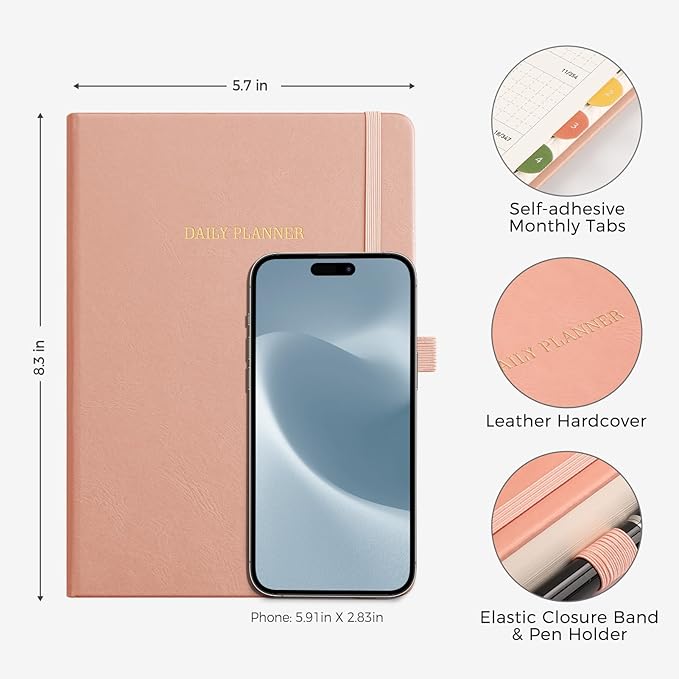 Daily Planner Undated, Appointment Book for Hourly, Daily and Monthly, 365 Days, One Page a Day, Medium Size (5.7" x 8.3"), Leather Hardcover, 12 Self-adhesive Monthly Tabs (Pink)