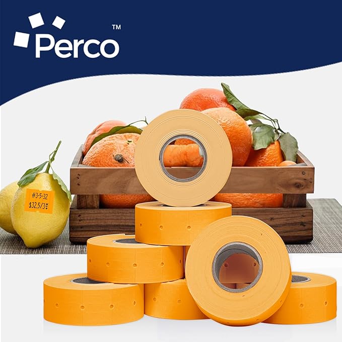 Perco 2 Line Fluorescent Orange Labels - 8 Rolls, 1 Sleeve, 6,000 Blank Price and Date Gun Labels for Perco 2 Line Price and Date Guns - Made in USA
