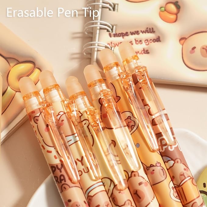 12-Pack Cute Erasable Pens, 0.5mm Fine Tip Blue Ink Retractable Pen, Adorable Capybara Stationery Set, Ideal for Office, School, Women and Men (Blue Ink - Capybara)