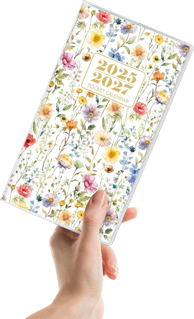 KONVINIT Pocket Calendar 2025-2027, Floral 2025-2027 Monthly Planner - 3.7" x 6.7" - Runs from July 2025 Until December 2027, 2026 Pocket Calendar with PVC Cover for Student, Women, Office Supplies
