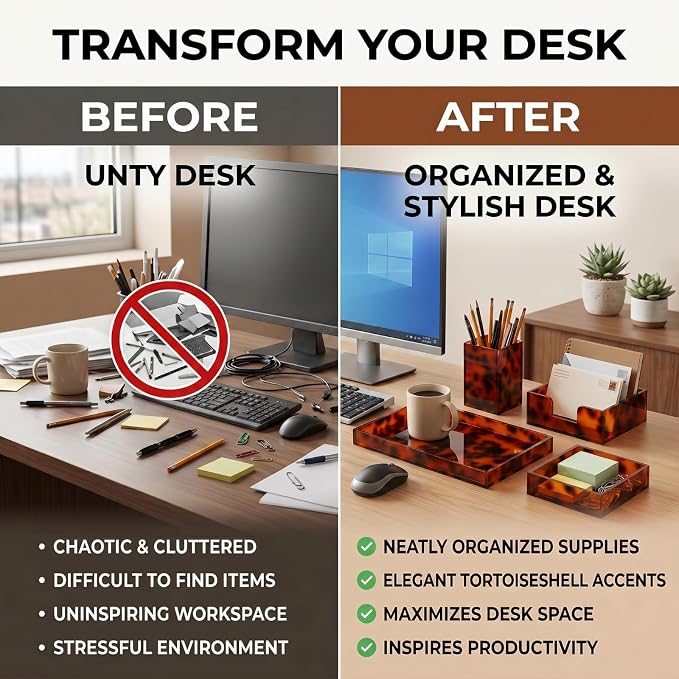 4 Pcs Tortoiseshell Desk Drawer Organizer Set Aesthetic Pen, Paperclip, Sticky Note Holder, Desk Rrganizer Tray for Office Home Supplies