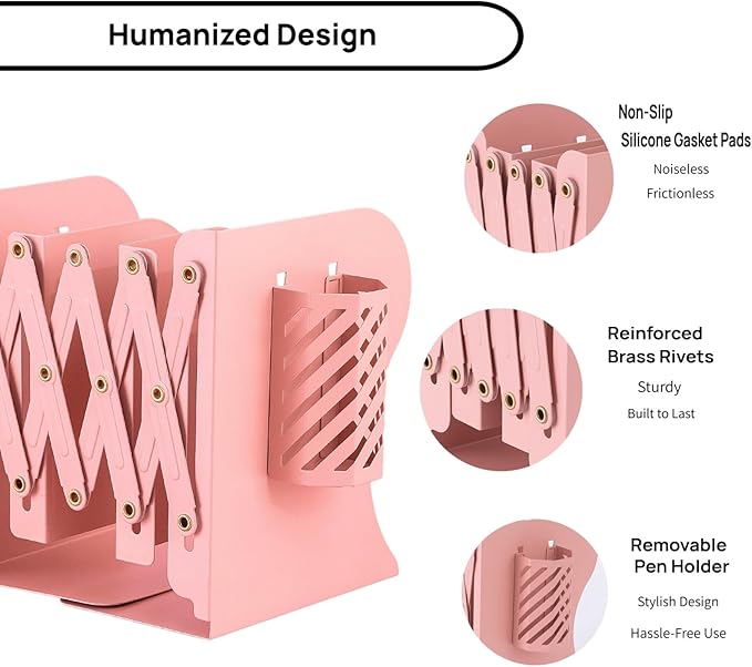Adjustable Book Ends for Heavy Books, Metal Expandable Bookends for Shelves, Book Organizer Stopper Holder for Desk, Kids Room, Classroom, Office, Library (Pink)