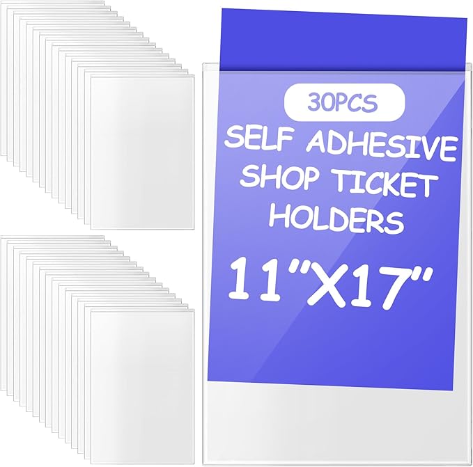 Outus 30 Pcs Self Adhesive Shop Ticket Holders Clear Plastic Sleeves Adhesive Pockets Work Order Job Ticket Holders for Back to School Student Label Home Office Posting Signs (11 x 17 Inch)
