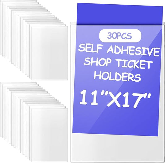 Outus 30 Pcs Self Adhesive Shop Ticket Holders Clear Plastic Sleeves Adhesive Pockets Work Order Job Ticket Holders for Back to School Student Label Home Office Posting Signs (11 x 17 Inch)