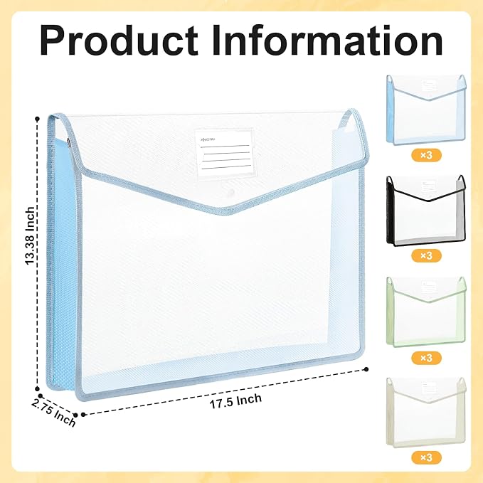 12 PCS A3 Expandable Tabloid Size Document Folder Plastic Expanding Wallet Envelopes with Snap Black Green Pink Beige Expanding File Wallet A3 with Label File Organizer Folders for Office School