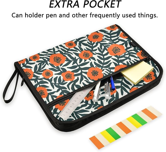 Retro Red Poppies 13 Pockets Expanding File Folder with Sticky Labels Accordion File Folder Document Organizer Letter Size A4 Papers Expandable File Keeper