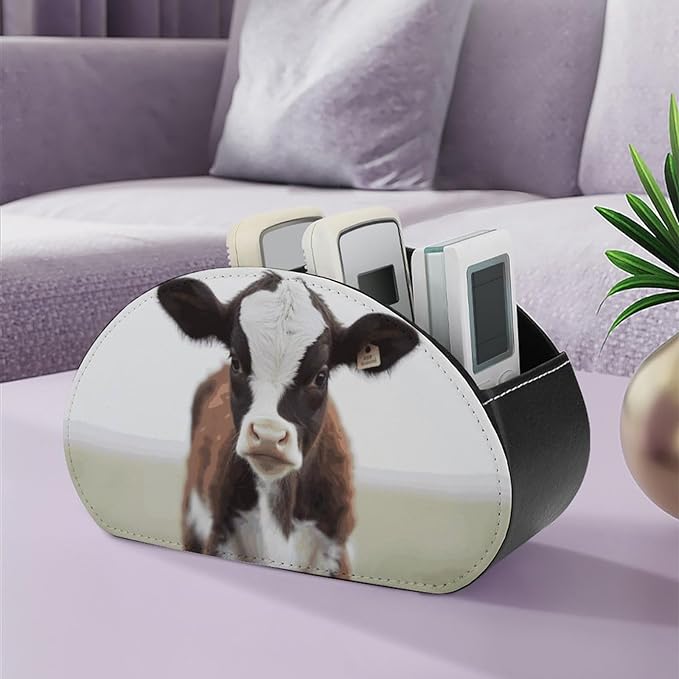 Baby Cow Remote Control Holder with 5 Compartments - PU Leather TV Remote Holder Remote Caddy Desktop Organizer Makeup Brush Holder, Remote Storage Box for Home Office
