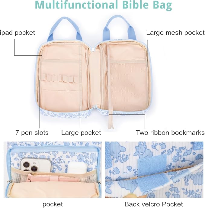 Bible Cover for Women, Bible Case,Carrying Bible Bag Scripture Case Church Bag Bible Protective with Font & Back Zippered Pocket