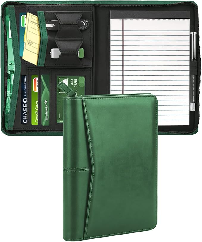 Junior Padfolio/Resume Portfolio Binder with Refillable Lined Notepad, A5 Padfolio Folder, Business Portfolio, Multi-Function Case, A5 Writing Pad Included, Dark Green