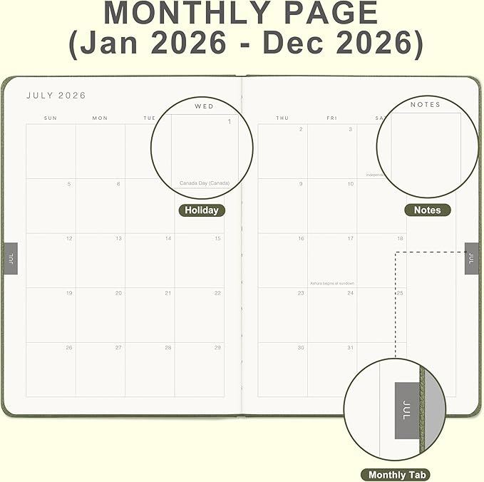 And Per Se 2026 Planner-Daily, Weekly & Monthly Leather Hardcover Planner, 5.7" x 8", Daily Schedule, 100 GSM Thick Paper, Back Pocket(Olive Green)