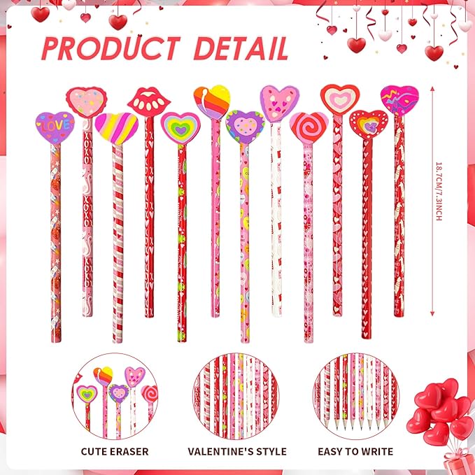 36 Pieces Valentine's Day Pencils Valentines Pencils with Giant Eraser Assortment Valentines Day Stationery Pencil,12 Style(36)