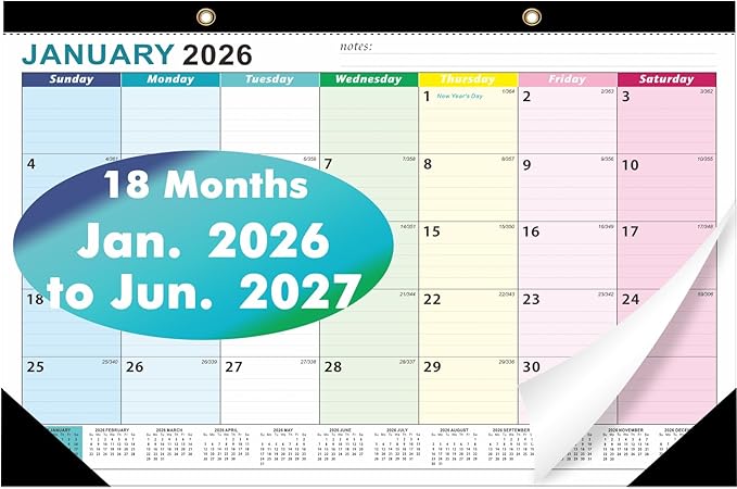ZTX Desk Calendar 2026-2027 Calendar Desk Calendars 2026-2027-18 Month Planner Big 17"x12" Jan.2026-Jun.2027 Clear Plastic Cover for Home Office School Colorful