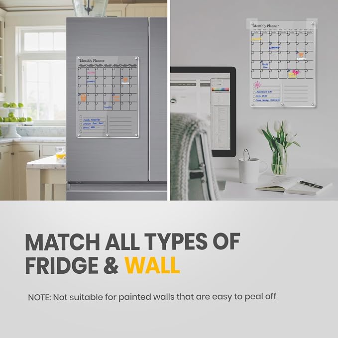 Magnetic Calendar for Refrigerator, Thick Acrylic Fridge Calendar with Strong Magnets, Clear Dry Erase White Board, 2in1 Monthly Weekly Planner, Family Organizer with 5 Color Visible Marker (Black)