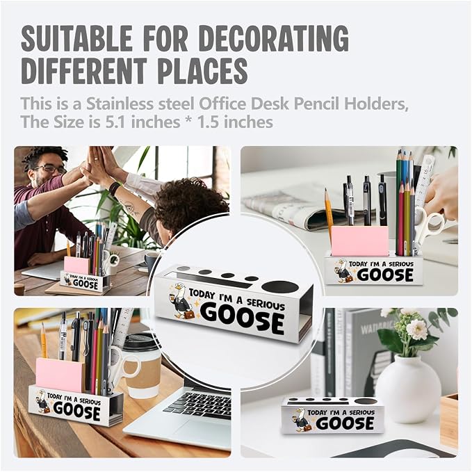 FOKCBOCM Cute Office Pen Holder with Goose Design, Stainless Steel Desk Organizer Gift for Coworker, Positive Work Humor Workspace Decor, Fun Desk Accessory-DS129