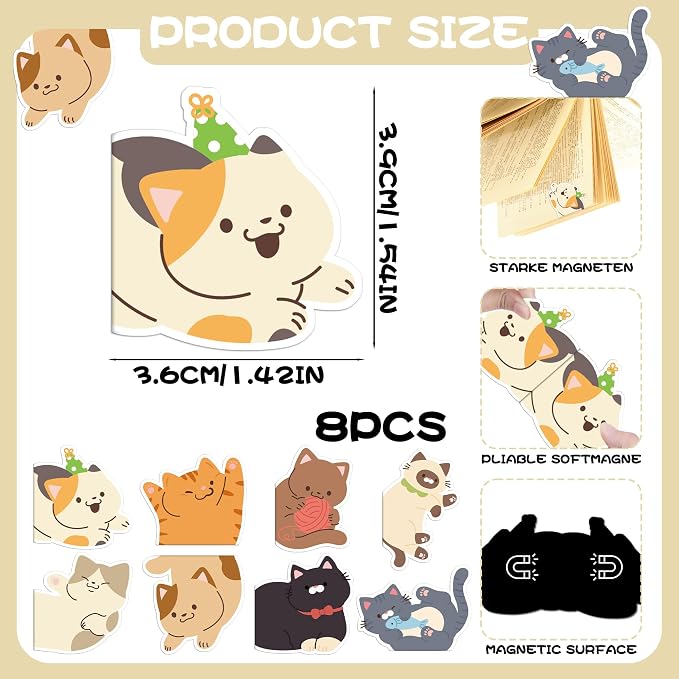 Cats Magnetic Bookmarks Gifts - 8 Pcs Cute Pet Animals Bookmark for Women Book Lovers Students Funny Page Clips School Office Reading Accessories Bookworms Gift for Birthday Christmas
