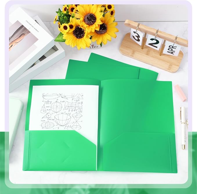 Gueevin 100 Pack Plastic Folder with Pockets, 2 Pocket Folders, Plastic Glossy Folders Fit Letter Size Paper, Heavy Duty Durable File Folder with Business Card for Home Office School (Green)