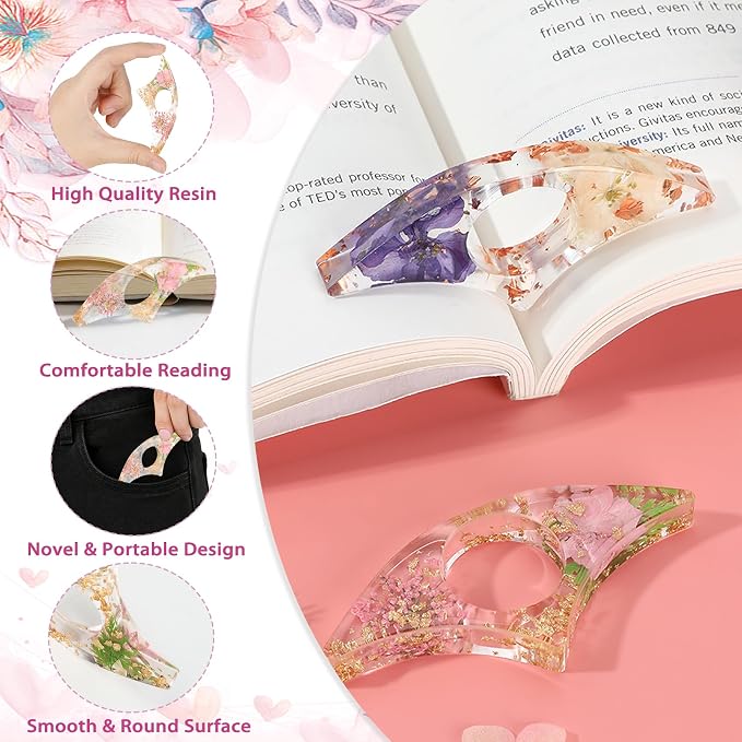 2 Pcs Thumb Book Page Holder Dried Flower Resin Book Page Holder Bookmark Reading Accessories for Book Lovers Transparent Book Opener Holder Bookmarks Gifts for Books Lovers Readers Students Teachers