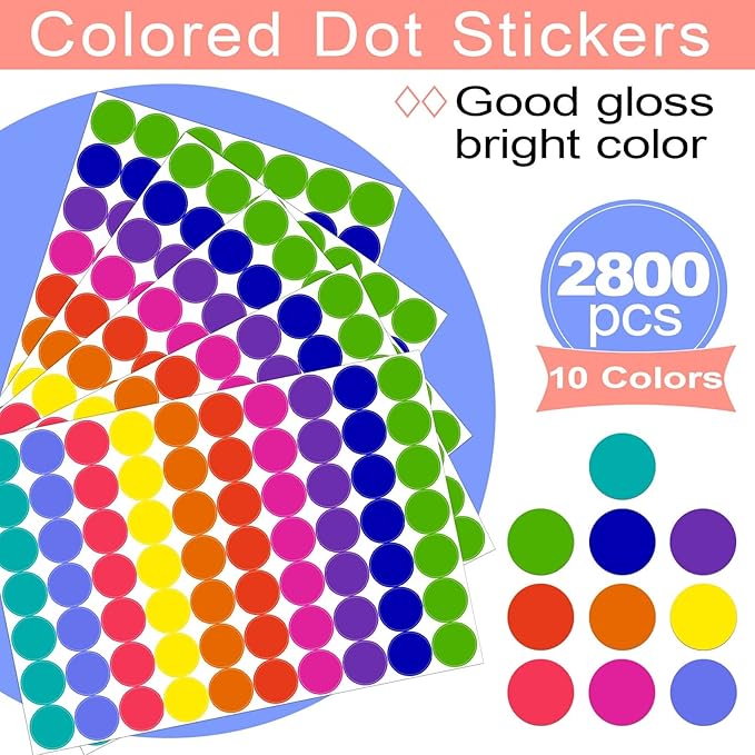 2800 PCS Colored Dot Stickers Round Color Coding Labels Circle Dots Labels Stickers Polka Circle Dot Stickers Label Sticker for Office,Classroom,Papers Etc