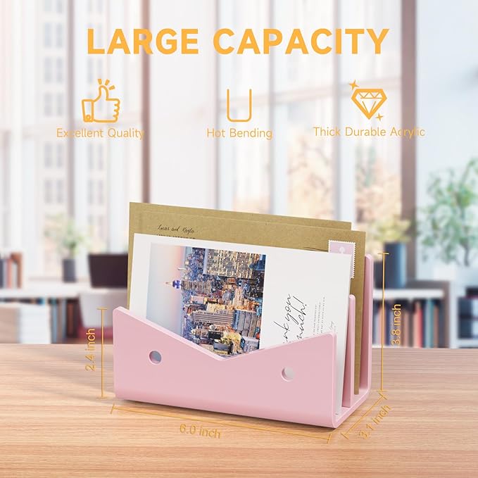 Mail Organizer Envelope Holder - 2 Compartments Pink Acrylic Mail Holder Countertop Vertical Desk Organizer Small File Bill Document Notebook Letter Sorter for Home School Office Supplies