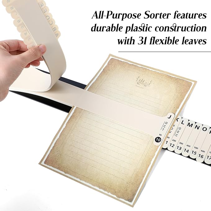 PerKoop Plastic All-Purpose Document Sorter Alphabetical File Organizer Compact Upright Space Saving Paper Organizer for File Office,Beige,2.52 x 23.5 Inches (1 Set)