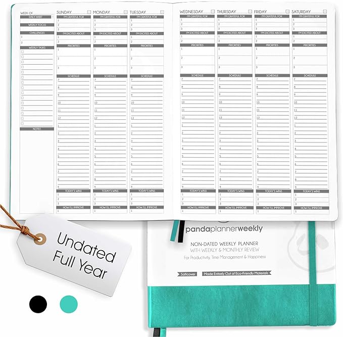Panda Planner 2026 Undated Weekly Planner, To Do List Notebook with Habit Tracker, 8” x 11”, 53 Weeks, Daily Weekly Monthly Overview for Home, School, Office, Turquoise
