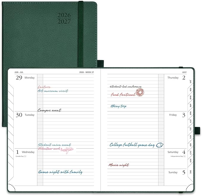POPRUN Planner 2026-2027 (Medium 6.75"x 8.75"), Horizontal Weekly Notebook Jul.2026 - Jun.2027, Academic Appointment Book with Monthly Tabs, Leather Hardcover, 100 GSM - Forest Green