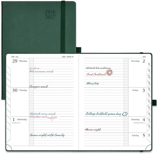 POPRUN Planner 2026-2027 (Medium 6.75"x 8.75"), Horizontal Weekly Notebook Jul.2026 - Jun.2027, Academic Appointment Book with Monthly Tabs, Leather Hardcover, 100 GSM - Forest Green