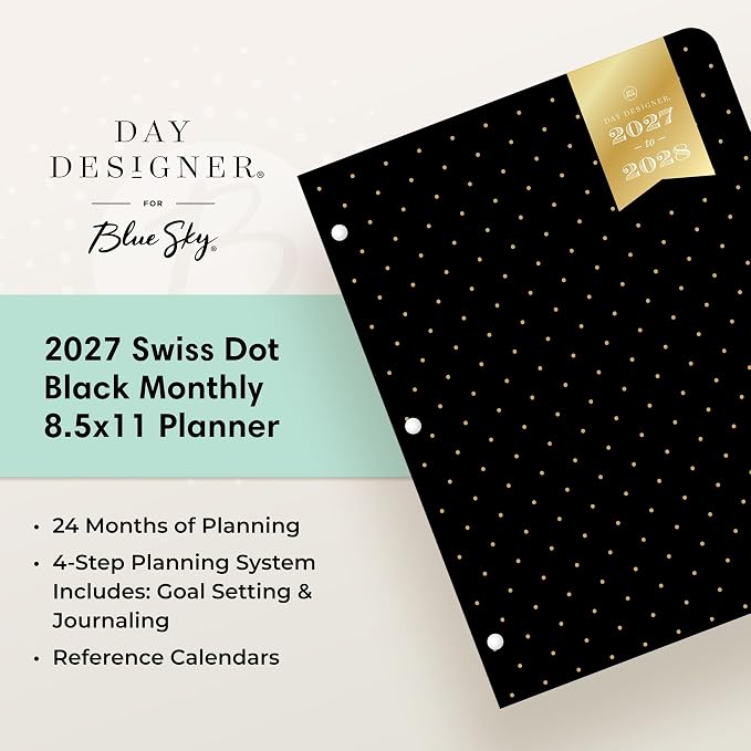 Blue Sky Day Designer 24 Month 2027 Monthly Planner Calendar, January 2027 - December 2028, 8.5" x 11", Flexible Cover, Stapled Binding, Swiss Dot Black