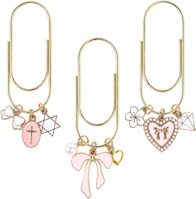 Wxiben Bow Paper Clip Bookmark - 3 Pcs Cross Metal Paperclip Book Mark with Charms Page Marker Planner Decorative Paper Clips Gifts for Notebook Women Reading Book Lover School Accessories