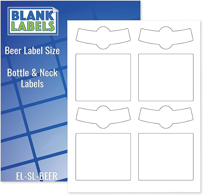 Beer Bottle and Neck Labels from Blank Labels - 4 Per Page - Water-Proof - Template Compatible - Laser and Inkjet Guaranteed - Easy Peel - Made in USA - 500 Sheets - 2000 Bottle and Neck Labels
