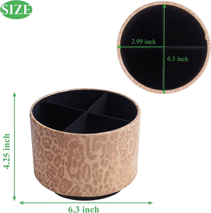 Round Leather Art Supply Organizer,Remote Control Holder,360 Degree Rotating,Multi-Functional Pencil Holder,4 Compartments Desktop Stationary Organizer(1-Leopard Brown)