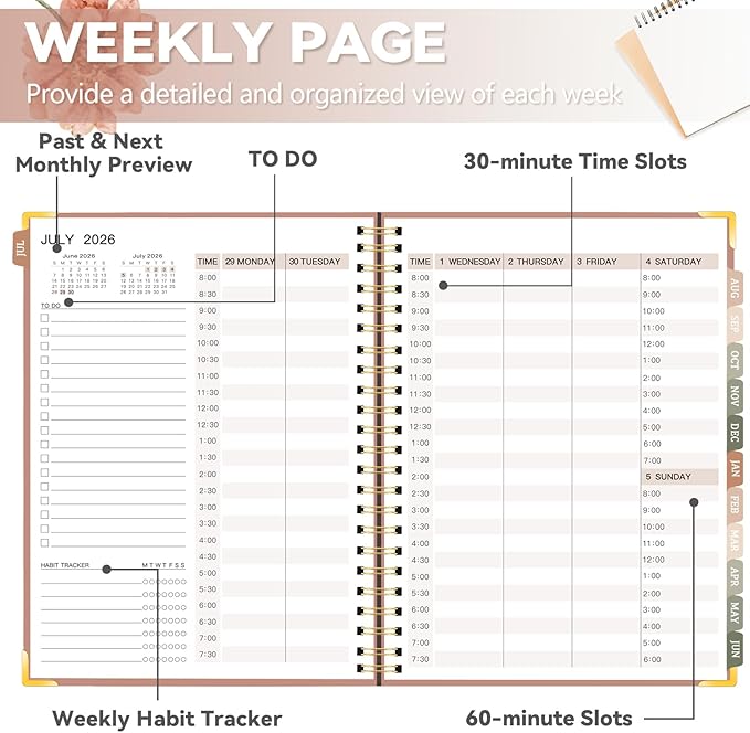 2026-2027 Academic Planner, Weekly & Monthly Appointment Book from Jul. 2026 - Jun. 2027, Work & Life Daily Hourly Planner with Time Slots, A5 Agenda Organizer for School Office, Brown, 8.4"x 6.1"