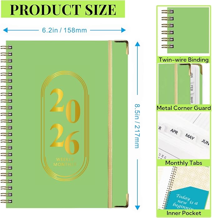 Planner 2026 For Women Men,Monthly and Weekly Agenda Calendar Planner,Jan 2026 to Dec 2026 A5 (6.3" x 8.5"),Teacher Student Hard Cover Daily Planning Book with Tabs,for Office School Home,Green