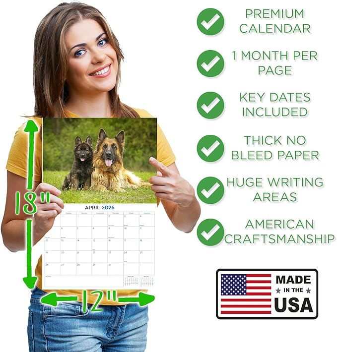 2025 2026 German Shepherd Calendar - Dog Breed Monthly Wall Calendar - 12" x 18" Open - Thick No-Bleed Paper - Giftable - Academic Teacher's Planner Calendar Organizing & Planning - Made in USA