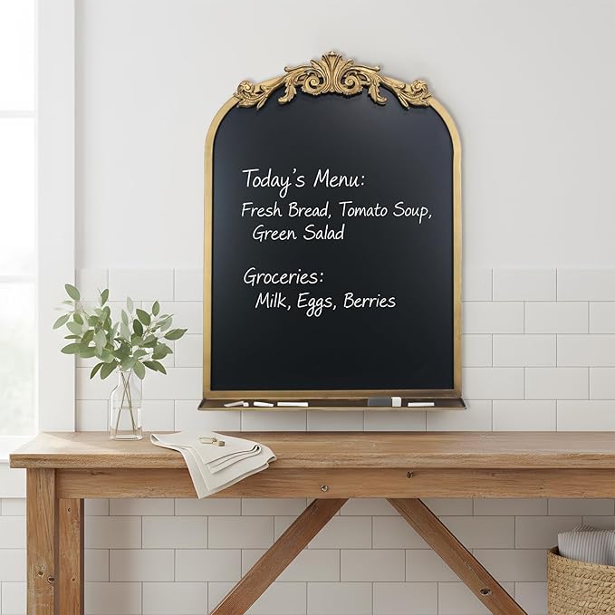 Vintage Magnetic Arch Chalkboard with Shelf - 18"x24" Decorative Wall Mounted Ornate Gold Framed Blackboard with Chalk, Clips & Cloth - Elegant Wedding Sign & Kitchen Menu Home Decor