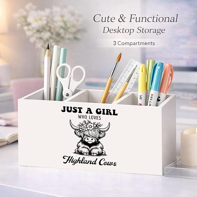 Highland Cow Desk Organizer Wooden Pen Pencil Holder for Desk, 3 Compartments Office Accessories, Just a Girl Who Loves Highland Cows Decor, Highland Cow Gifts for Women Home Office Storage