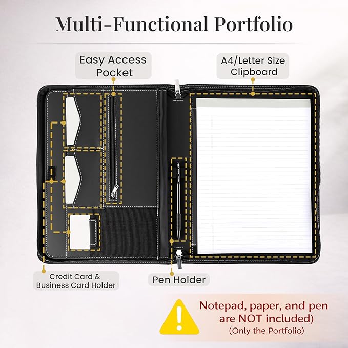 Padfolio Portfolio Organizer Binder,Faux Leather Interview Resume Folder,Letter Size A4 Legal Writing Pad Holder for Business School Office Conference Notepad Clip Boards （Black）