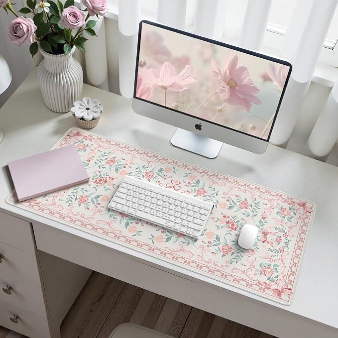 HAOCOO Pink Desktop Mat with Bow, Cute Large Mouse Pad for Office, Non-Slip Waterproof Desk Pad for Keyboard and Mouse, Floral Aesthetic Desktop Mat, Girly Home & Cubicle Supplies