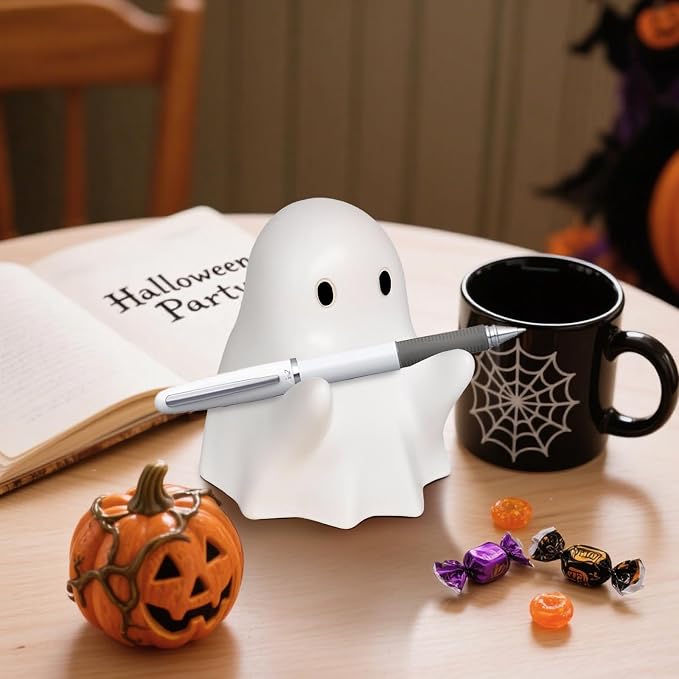 Halloween Ghost Pen Holder Figurine, Spooky Resin Ghost Statue, Cute Pencil Stand for Home Office Desktop Decoration, Funny Desk Organizer Accessory