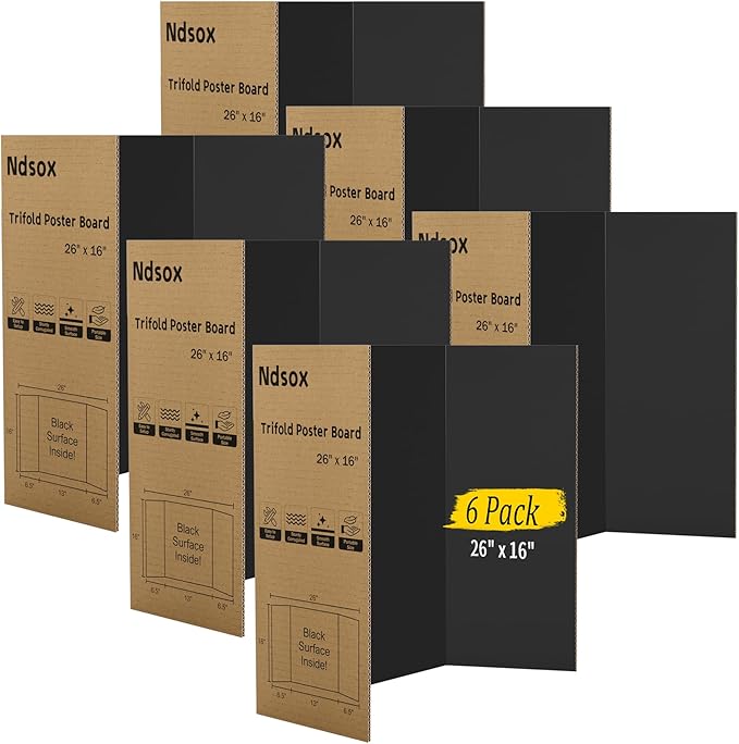 Ndsox 6 Pack 26" x 16" Black Trifold Poster Board Medium Size Corrugated Cardboard Science Fair Display Boards for School Projects, Business Presentations, Event Displays, and Art Exhibitions