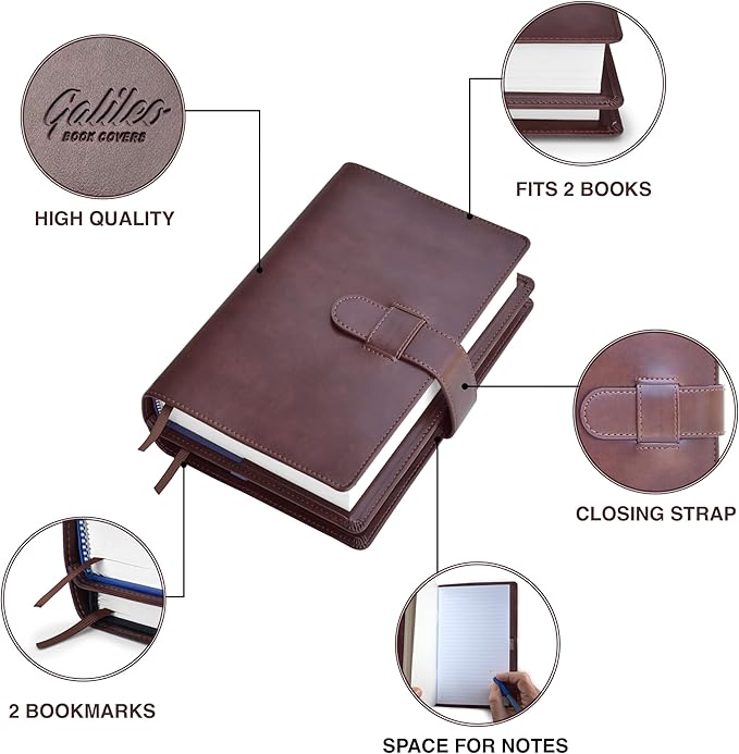 GALILEO® Double AA Big Book Cover & 12 Steps & 12 Traditions | Medallion Holder | AA Gift | Alcoholics Anonymous | PU Leather | AA Book Covers for Hardcover (Plain/Brown)
