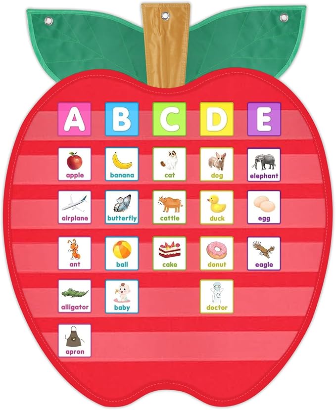 Large Pocket Chart for Classroom, 27 ½＂x 33 ⅞" Apple Shaped Hanging Pocket Charts for Kids, Back to School Supplies for Teacher, Pocket Charts with 6 Sentence Strips Holder (Red)