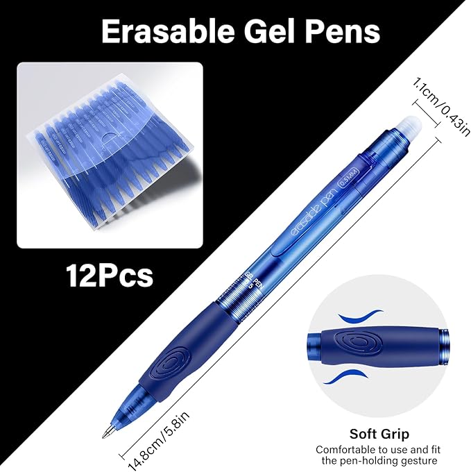 EUSOAR Blue Erasable Pens, 12 Pack Eraser Pen Fine Point (0.5mm) Smooth Writing, Retractable Pens with Erasers Make Mistakes Disappear for Note Taking Planner Crossword Puzzles Supplies