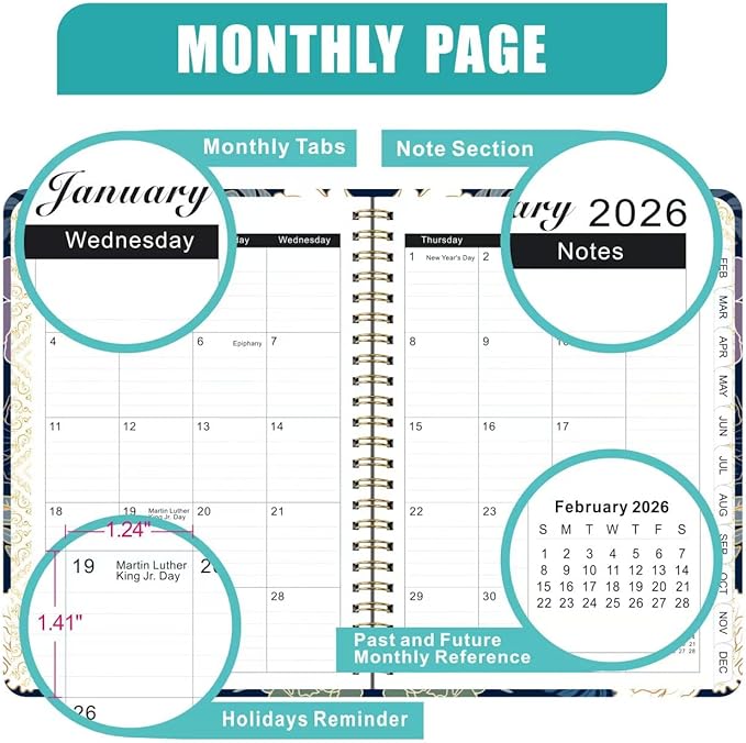 2026 Planner Weekly and Monthly Agenda Notebook, 6" X 8" Spiral Hardcover Daily Planner Calendar with Tab, Bookmarker, Elastic Band and Back Pocket, Office Supplies for Women Blue Floarl