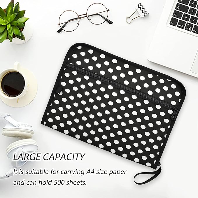 ALAZA Polka Dots Black White 13 Pocket Expanding File Folder with Labels, Accordion File Folder File Organizer Letter A4 Paper for Office School Student