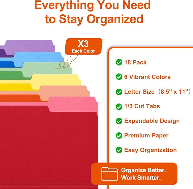 Colored File Folders Letter Size, 18 Pack Rainbow File Folders with 1/3 Cut Tabs, Expandable Manila Folders for Office, School & Home Organization, Fits 8.5” x 11” Documents
