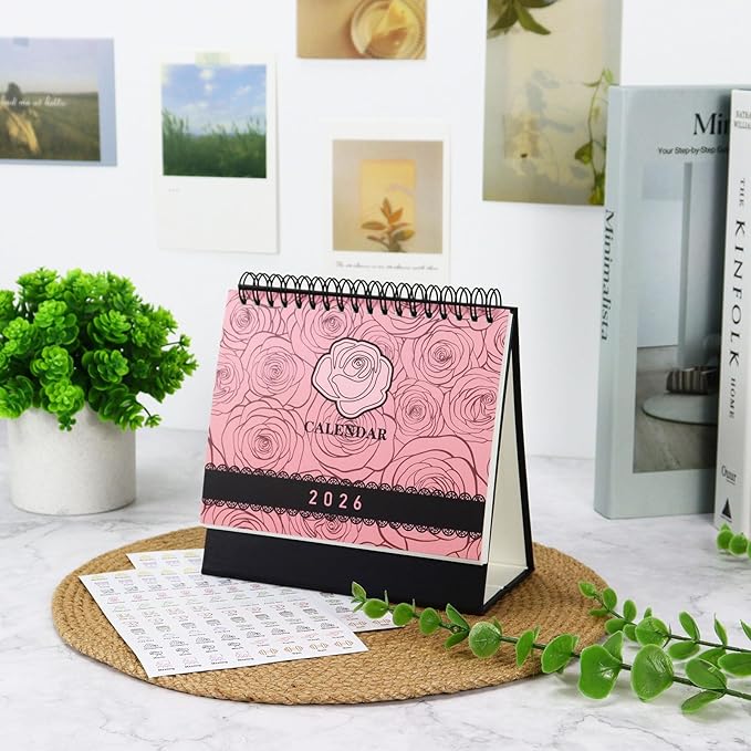 MultiBey Small Desk Calendar 2025-2026, Small 6.5"x6.5" Standing Flip Calendar for Desk, July 2025-Dec 2026, 18-Month Desktop Planner Year Monthly Calendars with To-Do Lists & Stickers (Rose)