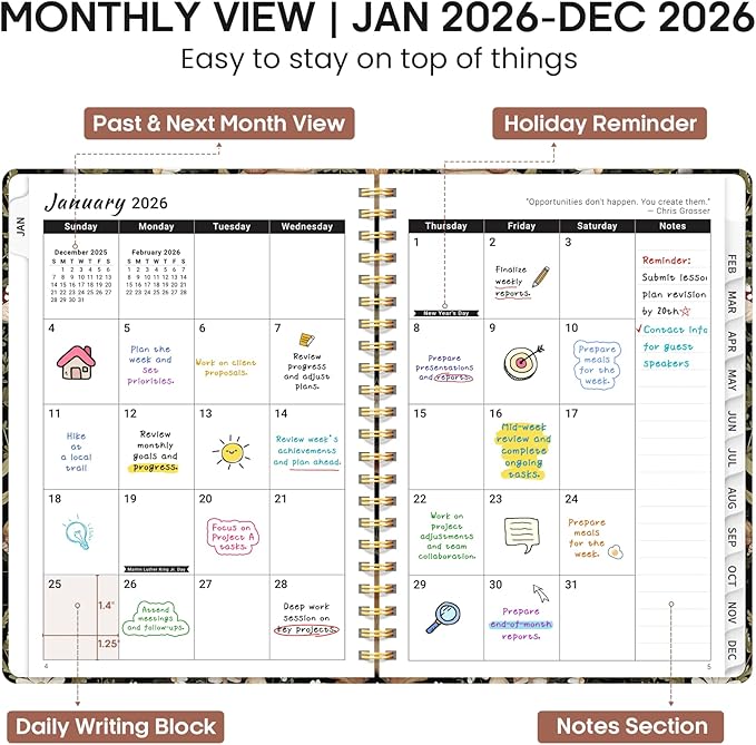 2026 Planner, Weekly and Monthly Calendar Planner Book, January 2026 - December 2026, Hardcover Spiral Planner with Monthly Tabs, Notes Pages, Perfect for Women & Men, A5 (6.4" x 8.5") - Mushroom